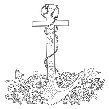 coloring page with anchor in flowers