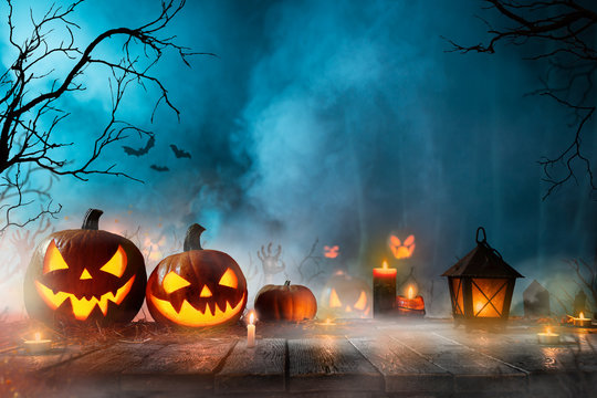 Halloween pumpkins on dark spooky forest with blue fog in background.