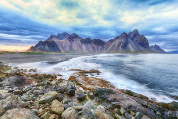 Dramatic black sand beach on Stokksnes cape in Iceland.