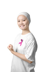 Asian woman in a white shirt with pink ribbon