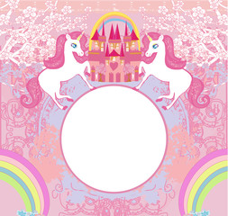 Beautiful unicorn and fairy-tale princess castle frame