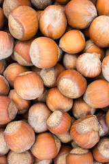Hazelnuts close-up. Brown, autumn background.