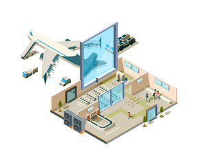 Airport terminal building. Vector crossection arrival interior entrance security service caffe luggage conveyor stores vector airport equipment. Airport departure and arrival terminal illustration