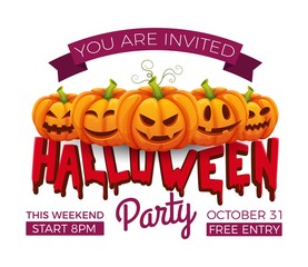 Halloween banner. 31 october party invitation vector template. Halloween pumpkins with funny and scare faces. Halloween pumpkin party, funny face vegetable illustration