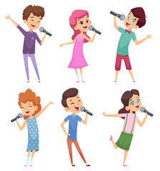 Singing kids. Happy cute childrens music voice study boys and girls standing with microphone vector characters. Illustration children character, singing and performing