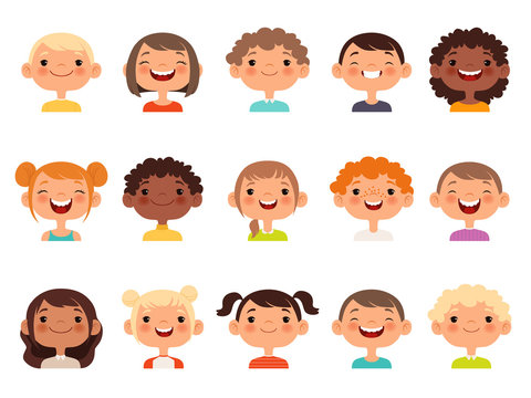 Kids faces. Child expression faces little boys and girls cartoon avatars vector collection. Girl and boy avatar, young teenager female and male illustration