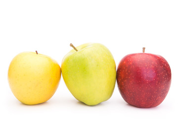 Fresh Green, Yellow and Red Apples with Dewdrops Isolated on White Background