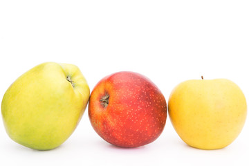 Fresh Green, Yellow and Red Apples with Dewdrops Isolated on White Background