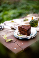 beautiful outdoor still life in autumn garden with tasty slice of chocolate cake on vintage plates stands on rustic wooden table with grey napkin and pumpkins, selective focus