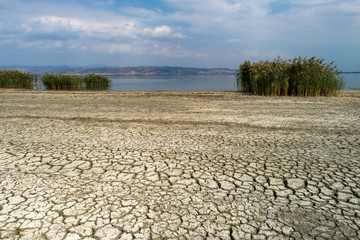 Dry lake bed with natural texture of cracked clay in perspective floor
