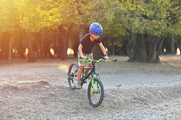Fototapeta premium Happy kid boy of 7 years having fun in autumn park with a bicycle on beautiful fall day. Active child wearing bike helmet