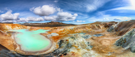 Exotic landscape of Acid hot lake with turquoise water in the geothermal valley Leirhnjukur - Powered by Adobe