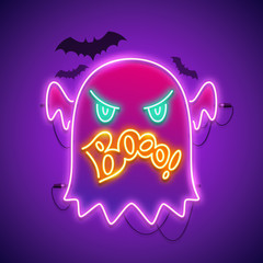 Halloween neon sign with angry ghost boo and bats shapes. Greeting card. Vector poster illustration for your holiday projects in retro-futuristic cartoon style.