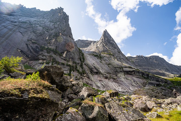 Gorgeous view on top of western Sayan mountain range during summer sunny day in Ergaki national park, Siberia, Russia