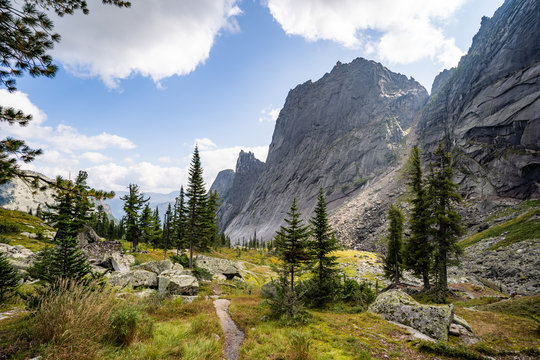 Gorgeous panoramic view on top of western Sayan mountain range in Ergaki national park, Siberia, Russia