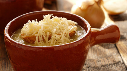 onion soup with bread and gruyere