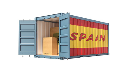 Freight Container with Spain flag isolated on white - 3D Rendering