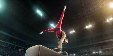 Poster Male athlete doing a complicated exciting trick on a Pommel horse in a professional gym. Man perform stunt in bright sports clothes © Alex