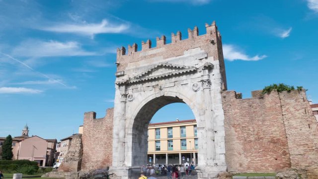 he famous Triumphal Arch arch of Augustus in Rimini, Italy. 4K hyper lapse