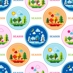 Season. Trees, grass, clouds in a simple style. Can be used for wallpaper, textile, invitation card, wrapping, web page. background.