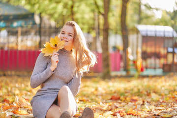 woman in the park in golden autumn. sitting in fallen foliage