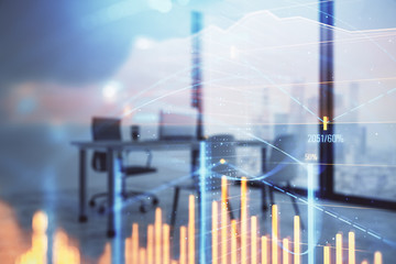 Business theme graph hologram with minimalistic cabinet interior background. Double exposure. Stock market concept.