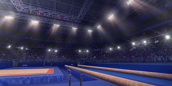Professional gymnastic gym with parallel bars. 3D illustration