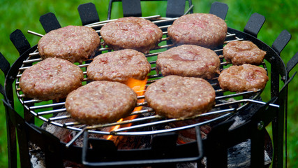 Grassy garden, charcoal barbecue, cooked veal, sausage with green and red peppers