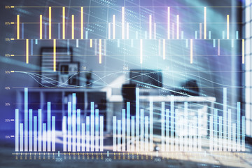 Forex chart hologram with minimalistic cabinet interior background. Double exposure. Stock market concept.