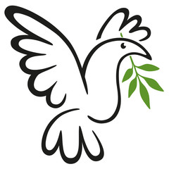 Concept de la paix avec le dessin au trait d’une colombe tenant le symbole du rameau d’olivier dans son bec.