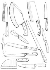 Illustration professional chef and butcher knives