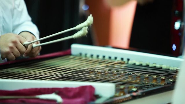 Musician Playing The Dulcimer At A Wedding. Balkan Traditions