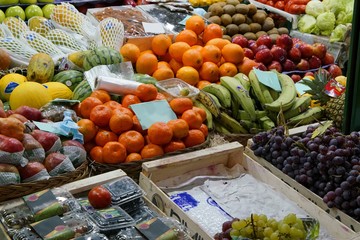 Market stall with colorful fruits and vegetable