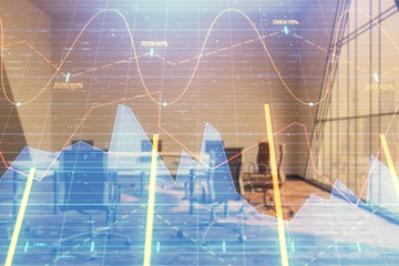 Multi exposure of stock market graph on conference room background. Concept of financial analysis