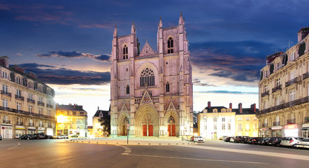 Night view on the saint Pierre cathedral in Nantes city in France - obrazy, fototapety, plakaty