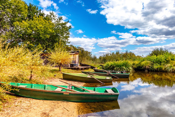 Seignosse, Landes, France - View of boats in front of Hardy Pond
