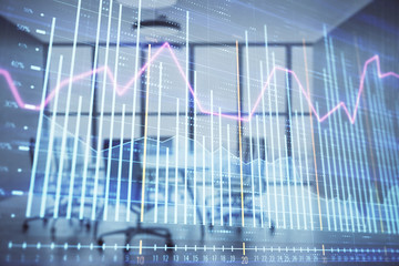 Multi exposure of stock market graph on conference room background. Concept of financial analysis