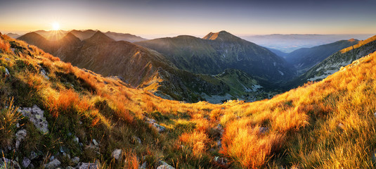 Colorful sunrise mountain landscape panorama, Slovakia