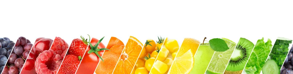 Fotobehang Collage van kleur groenten en fruit. Vers rijp voedsel © seralex