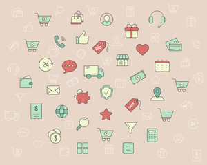 Shopping icons - Vector color symbols and outline of online store and e-commerce for the site or interface