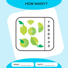 How Many. Count game. Education Counting Game for Preschool Children. Worksheet activity. Lime Fruit. Blue background.