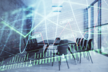 Multi exposure of stock market graph on conference room background. Concept of financial analysis