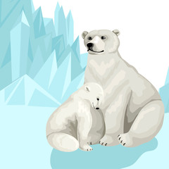 White polar bear with baby cub. Sit on the snow among the mountains of ice. Vector print card design