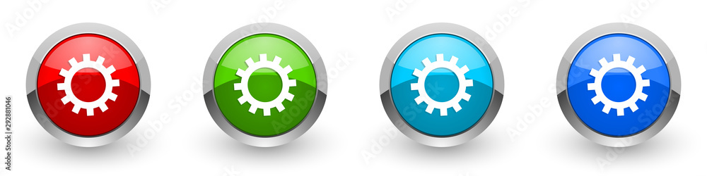 Poster gear silver metallic glossy icons, red, set of modern design buttons for web, internet and mobile ap