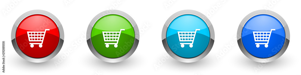 Aufkleber shopping cart silver metallic glossy icons, red, set of modern design buttons for web, internet and 