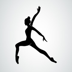 Dancer standing on one leg. Black elegant silhouette on a white background