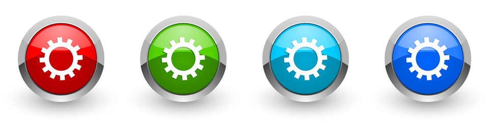 Gear silver metallic glossy icons, red, set of modern design buttons for web, internet and mobile applications in four colors options isolated on white background