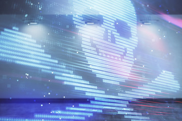 Double exposure of hacking theme drawings hologram on empty room interior background. Data security concept.