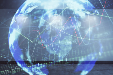 Plakat Double exposure of financial chart with world map on empty room interior background. International market concept.
