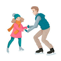 Dad and daughter skate. Vector illustration of people.